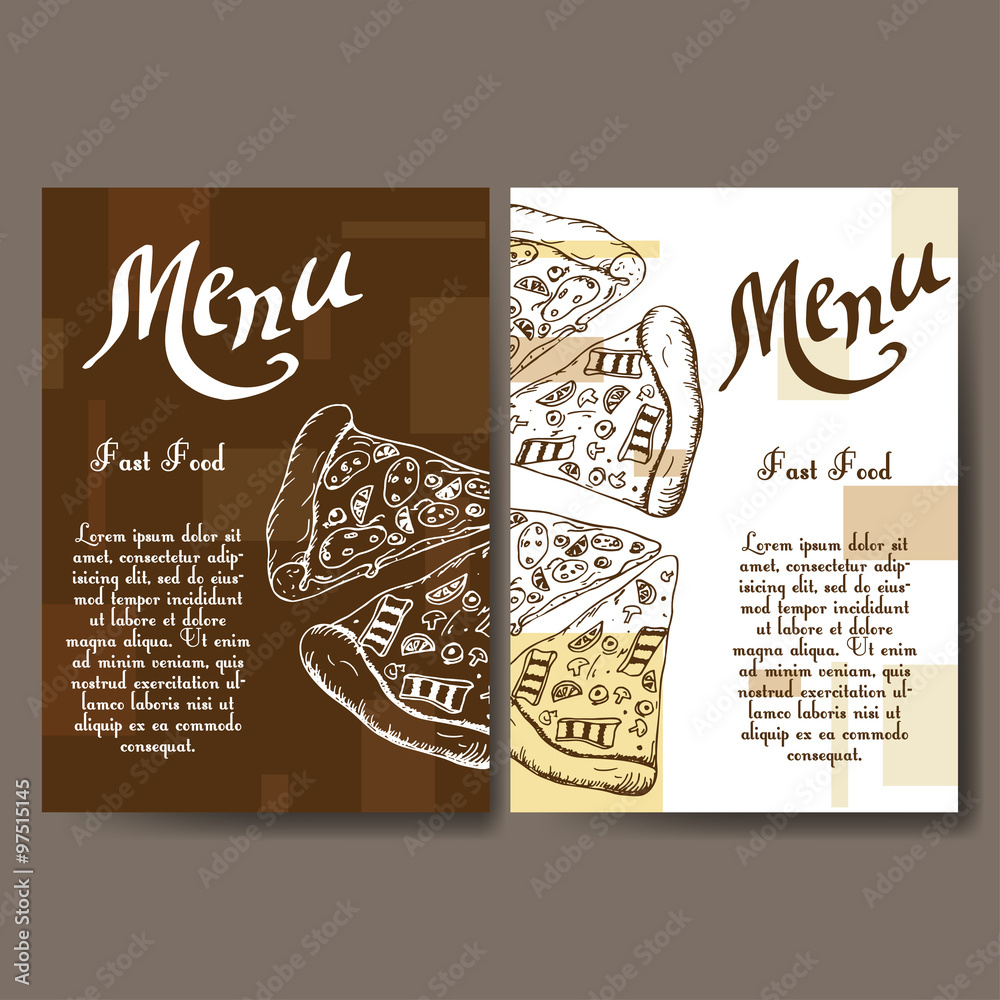 Cafe menu with hand drawn design. Fast food restaurant menu template. Set of cards for corporate identity. Vector illustration