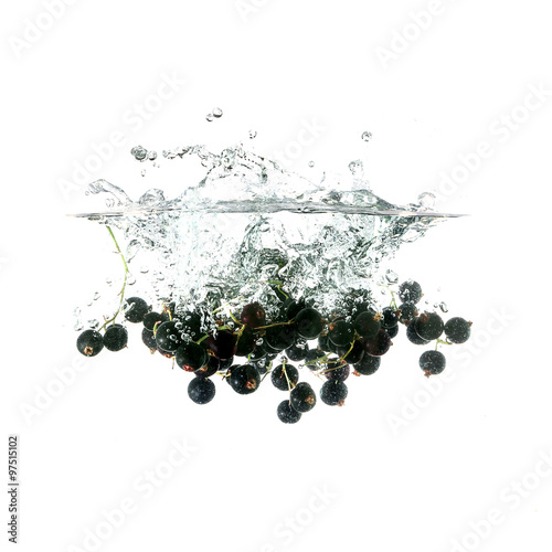 Blackcurrants splash on water, isolated on white background