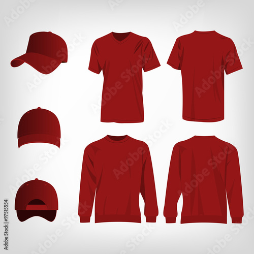 Sport dark red t-shirt, sweater and baseball cap isolated set vector