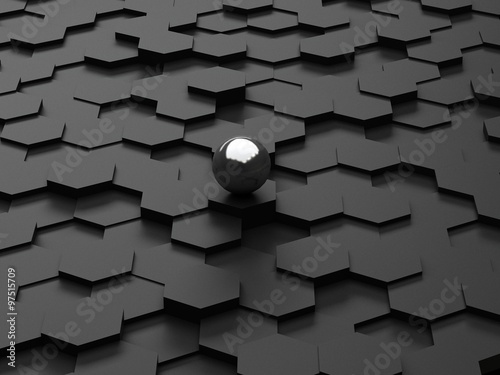 Black background of 3d hexagons and steel sphere