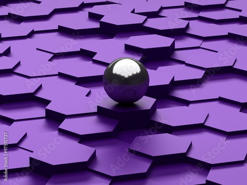 Abstract background of 3d hexagons and steel sphere