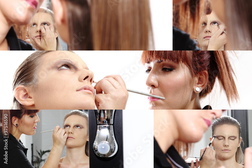 collage  makeup artist applying mascara on eyes of model