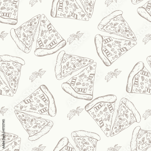 Fast food pattern with pizza. Hand draw retro illustration. Vintage pizza design.