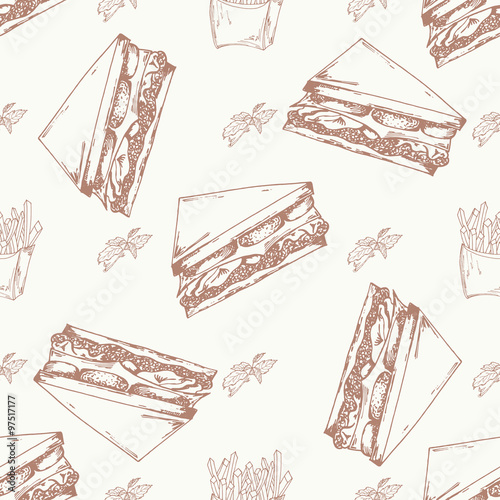 Fast food pattern with sandwich. Hand draw retro illustration. Vintage fast food design.