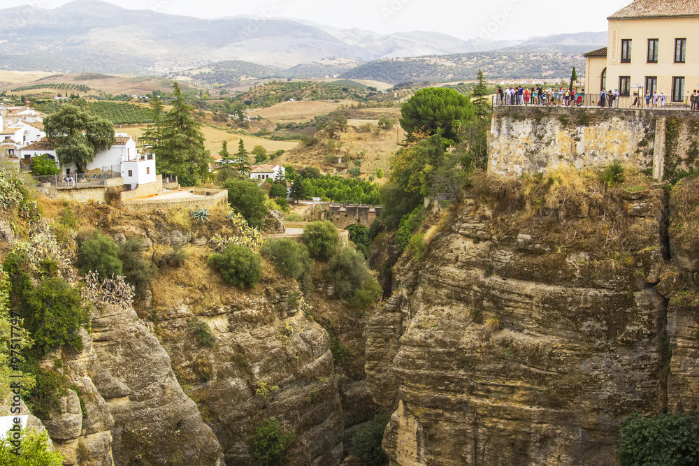 background landscape view of the valley with rocks, observation deck and the valley in Ronda, Andalusia, Spain