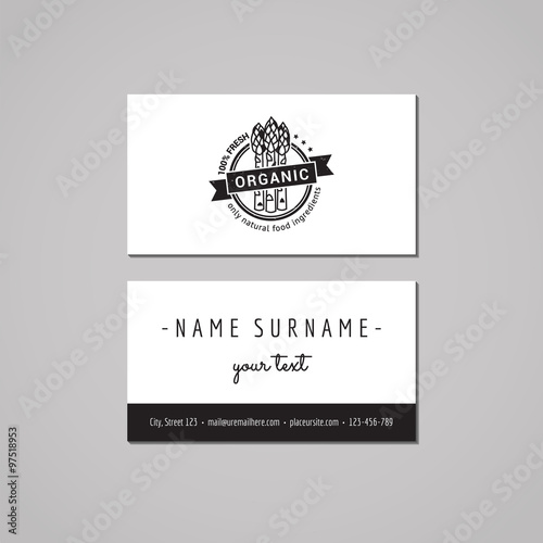 Organic food business card design concept. Food logo with asparagus and ribbon. Vintage, hipster and retro style. Black and white.