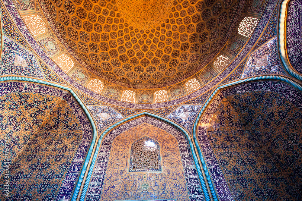 Interior of the dome and central hall of the mosque in persian style in Iran.