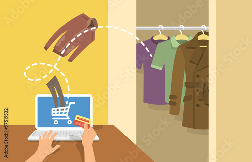 Online shopping men clothes flat vector conceptual illustration. A man with laptop orders clothing in the online store with delivery directly to his home. Male wardrobe with different garments