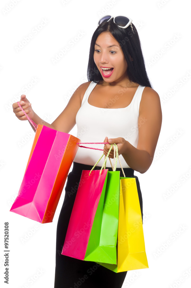 Woman with shopping bags on white Woman with shopping bags on white