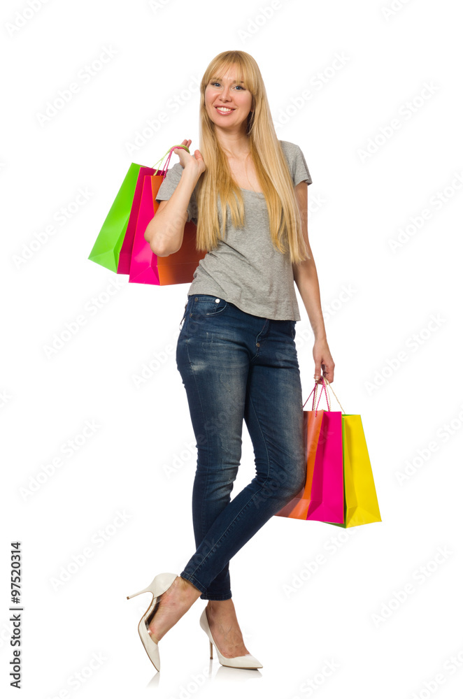 Woman with shopping bags isolated on white Woman with shopping bags isolated on white