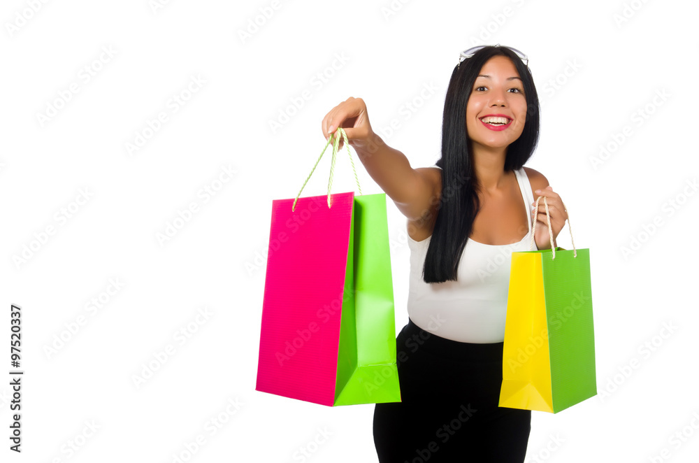 Woman with shopping bags on white Woman with shopping bags on white