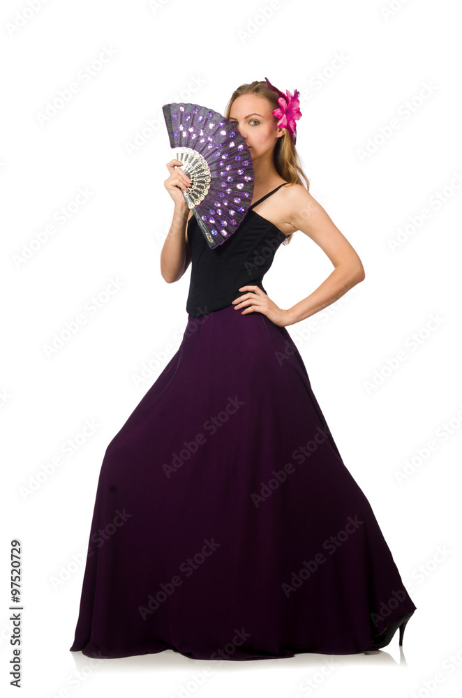 Woman dancing with fan isolated on white