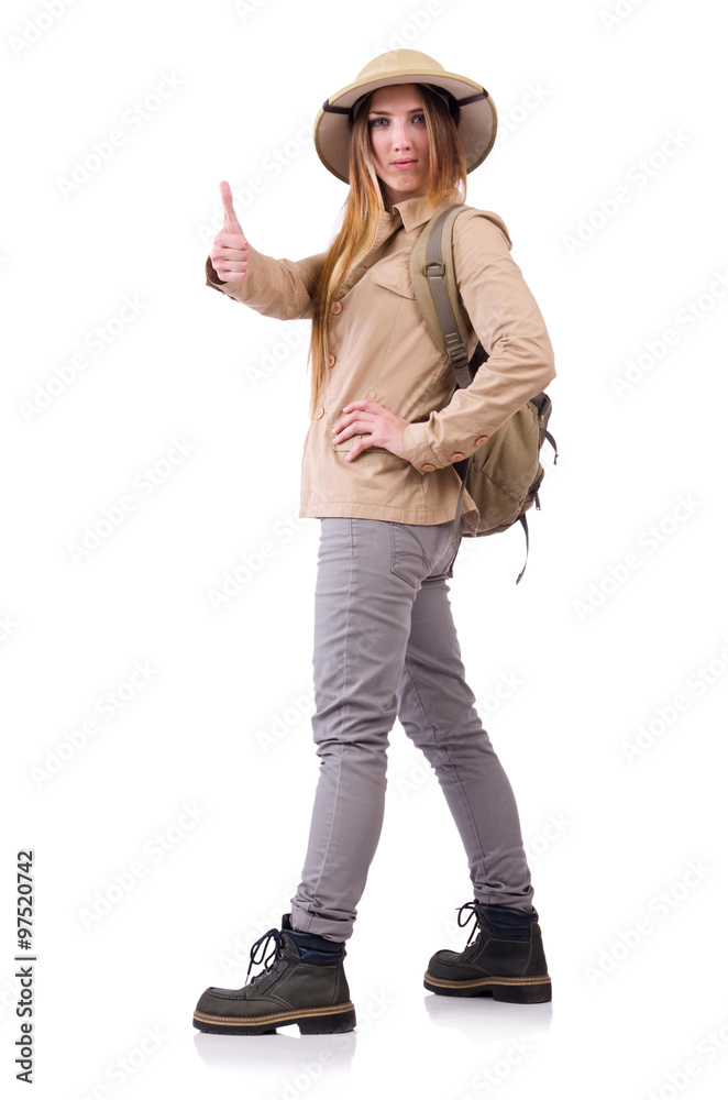 Woman wearing safari hat on white Woman wearing safari hat on white