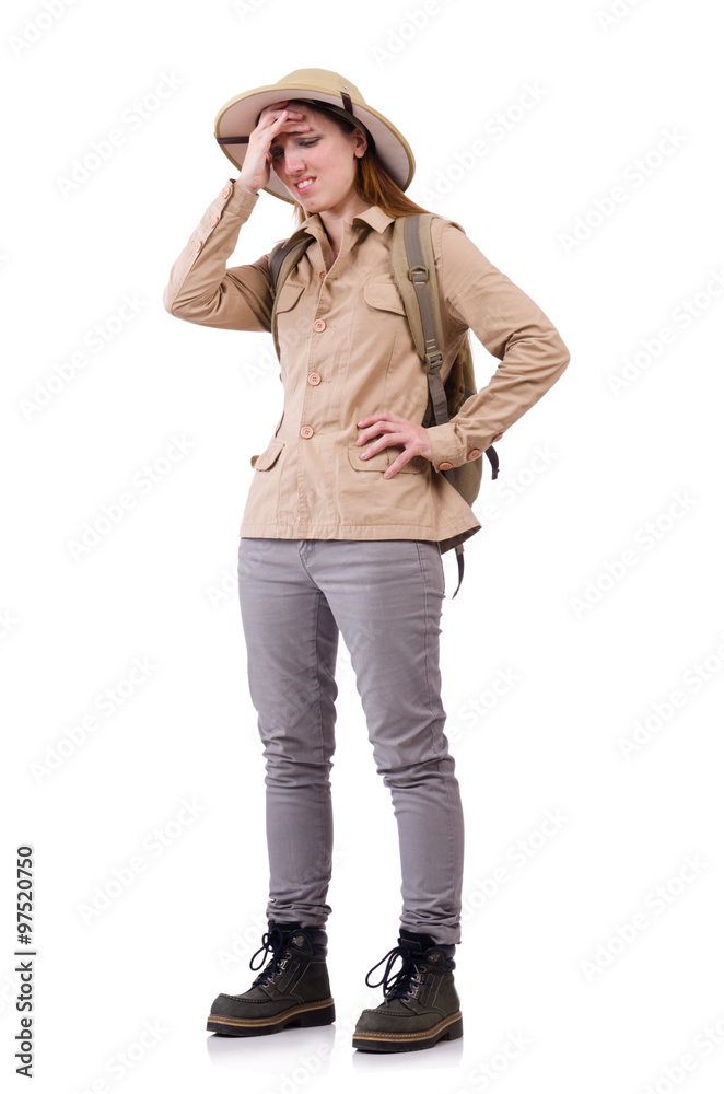 Woman wearing safari hat on white Woman wearing safari hat on white