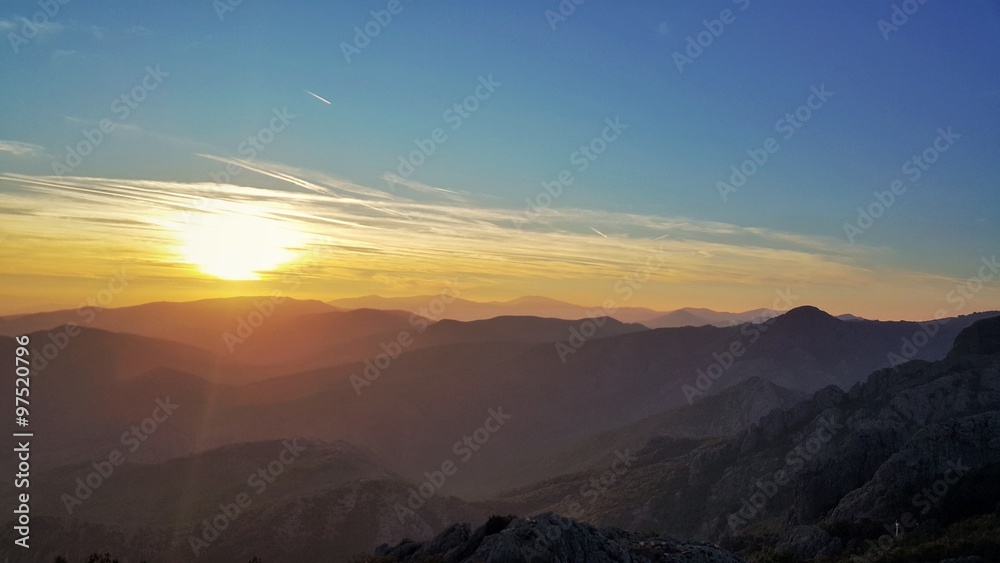 Beautiful panoramic view in the mountain. Sunset shot.