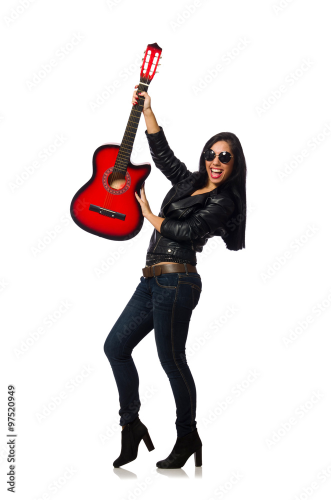 Woman playing guitar isolated on white