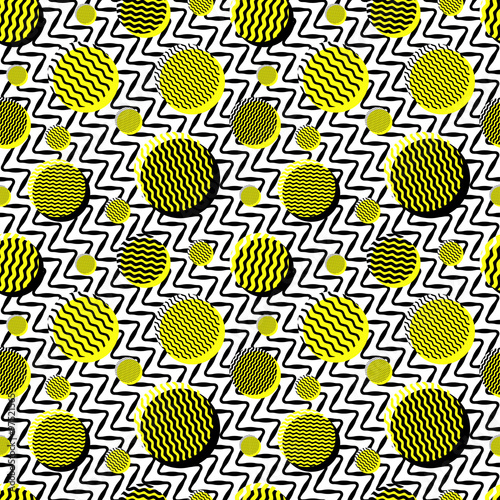 Vector Seamless Black White Yellow Vintage 80's Wavy Lines And Circles Jumble Pattern