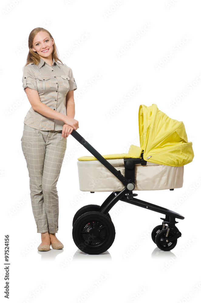 Woman with baby and pram isolated on white Woman with baby and pram isolated on white