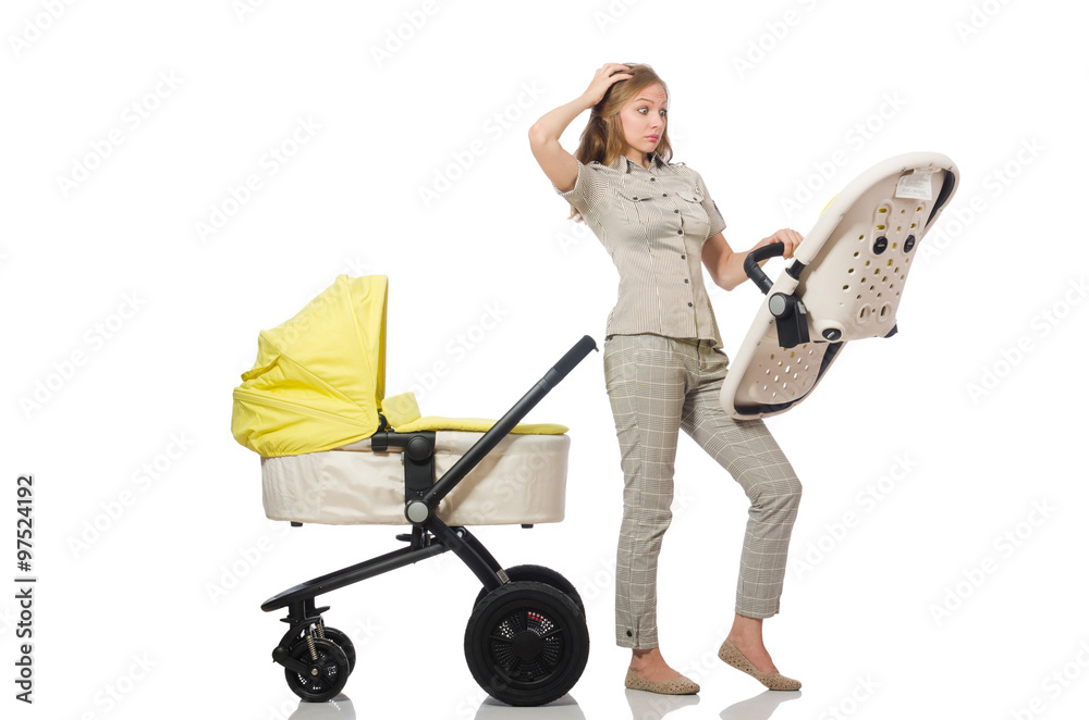 Woman with pram isolated on white Woman with pram isolated on white