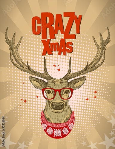 Hipster deer dressed in red glasses and knitted sweater.