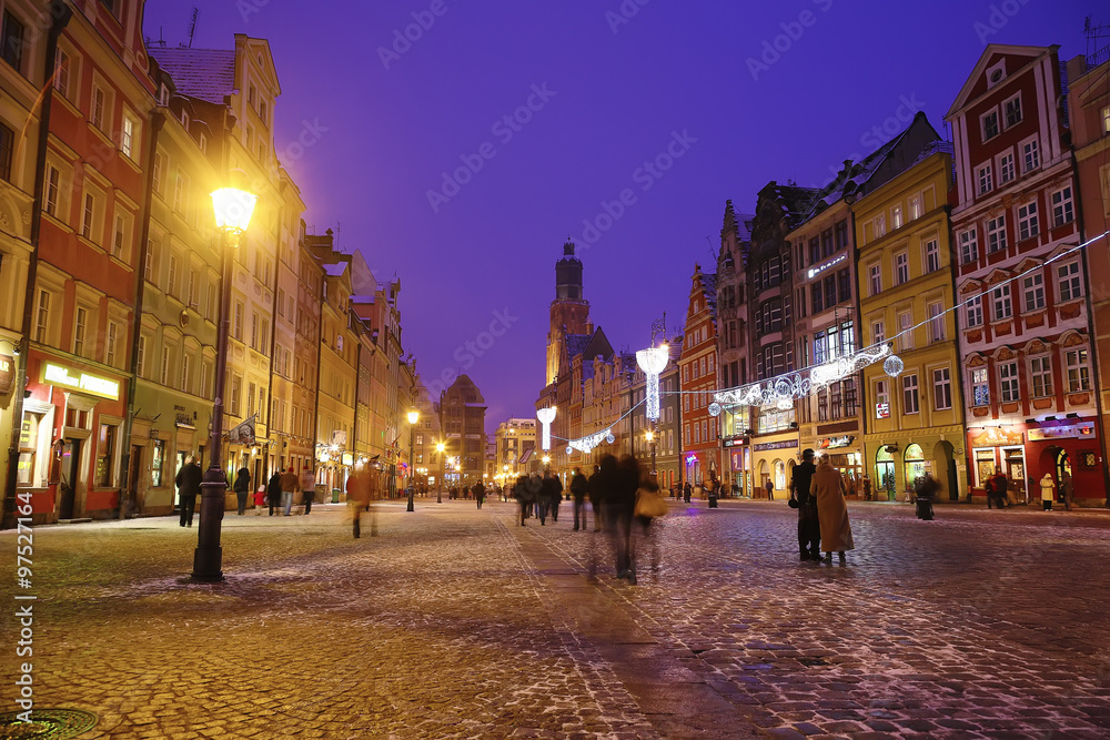 night lights of the city on Christmas night in Wroclaw