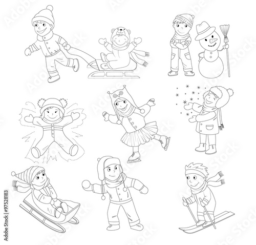A collection of vector illustration of happy kids playing in snow and having winter fun. Outlines only for a coloring book  There is also a colored version of this illustration.