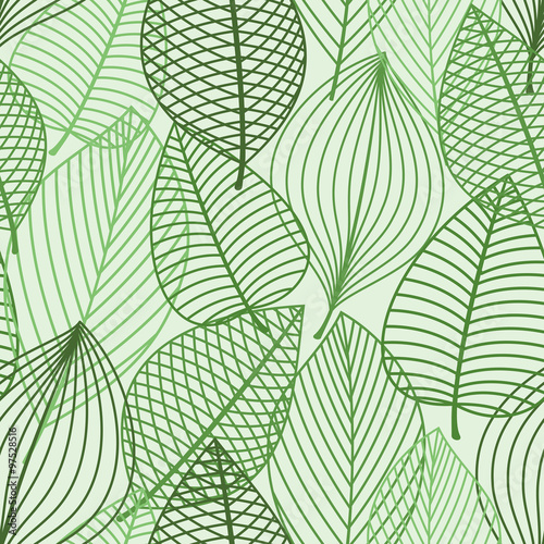 Fototapeta Naklejka Na Ścianę i Meble -  Green foliage seamless pattern of outline leaves