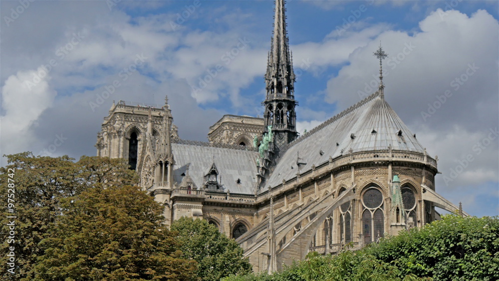 The Notre Dame Cathedral in Paris with the trees fronting the cathedral in a daylight The Notre Dame Cathedral in Paris with the trees fronting the cathedral in a daylight