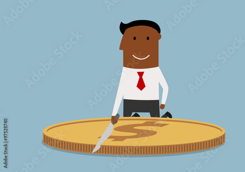 Cartoon corrupt businessman cutting a dollar coin
