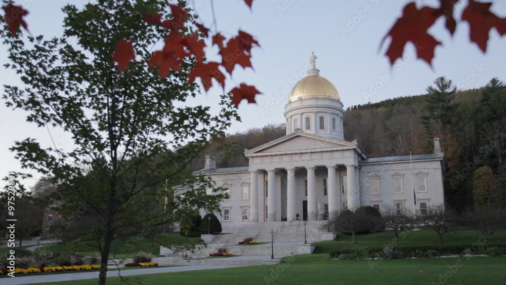 Locked down clip of the state capitol building of Vermont in Montpelier after sunset during Autumn. Locked down clip of the state capitol building of Vermont in Montpelier after sunset during Autumn.