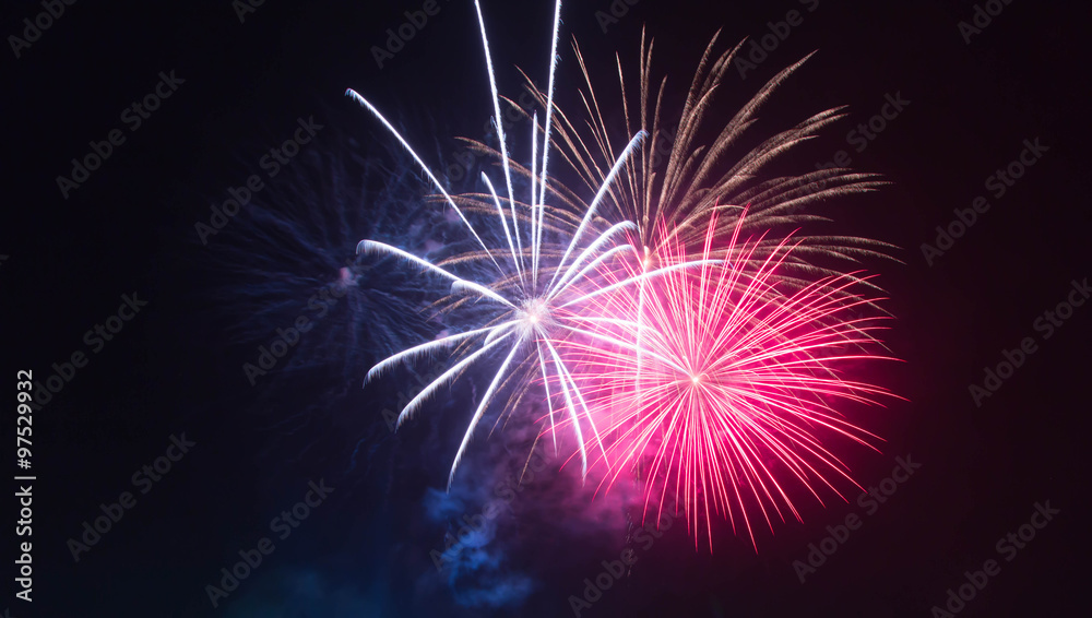 The fireworks display in black sky background to celebration