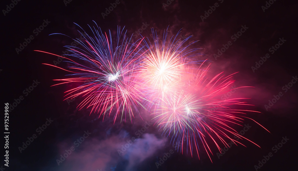 The fireworks display in black sky background to celebration