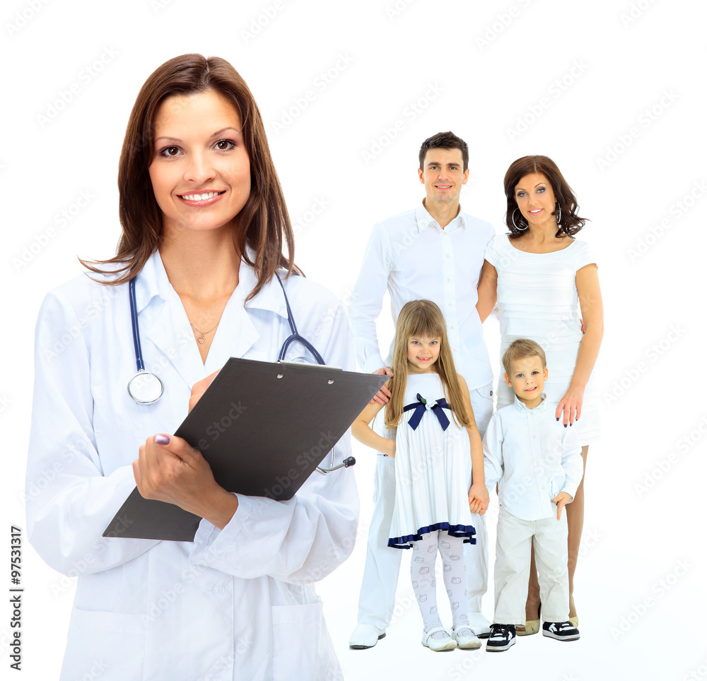 female family doctor on the background of a happy family female family doctor on the background of a happy family