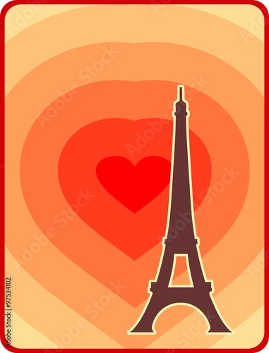 Eiffel tower in Paris. Outline silhouette. Gradient radiant backdrop