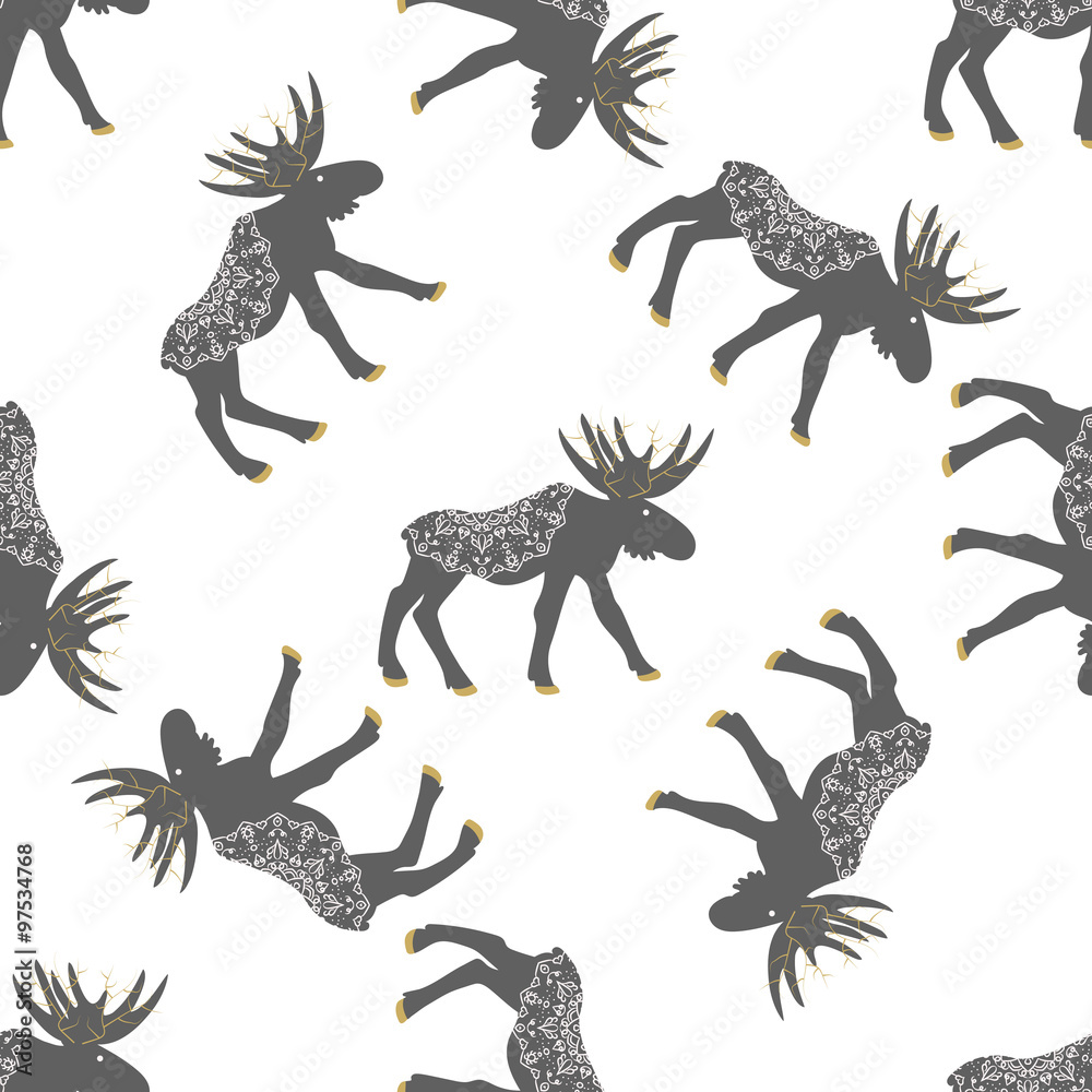 Fototapeta premium Deer vector seamless pattern. Christmas forest grey moose with decoration on white.