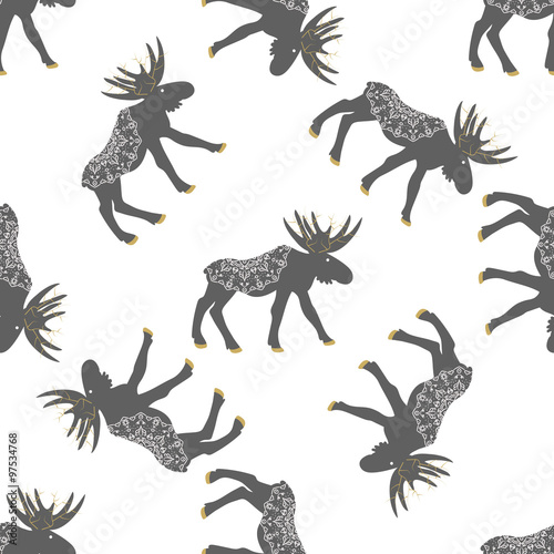 Deer vector seamless pattern. Christmas forest grey moose with decoration on white.