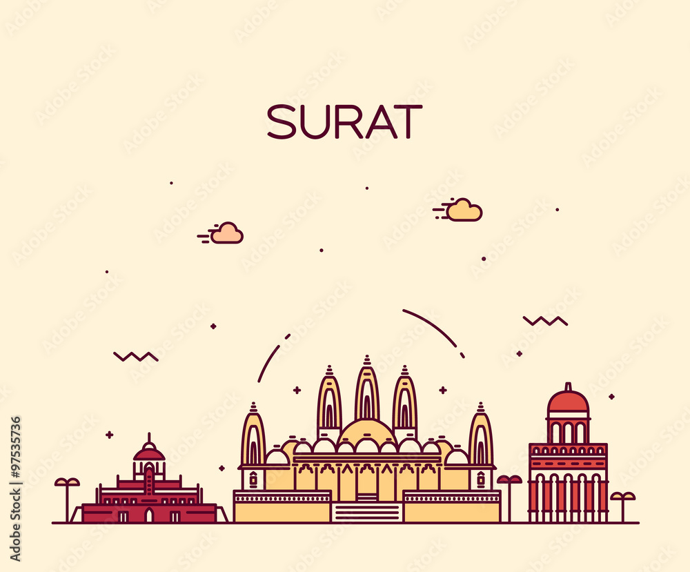 Surat skyline vector illustration linear style