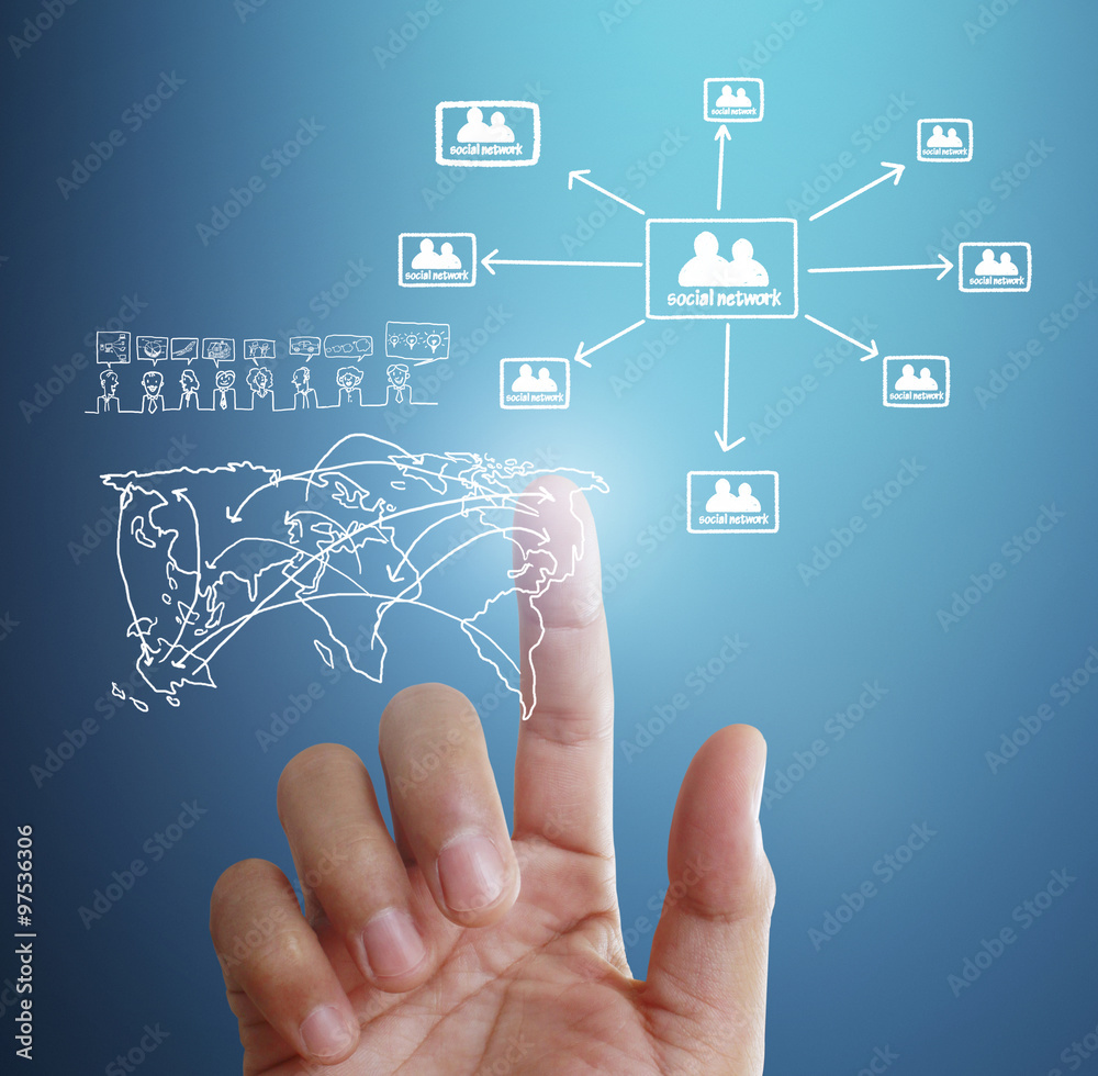 touching virtual icon social network touching virtual icon social network