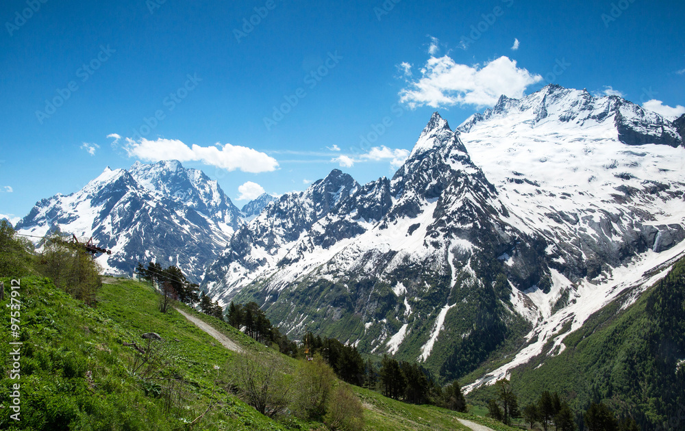 Mountain peaks and glaciers in Dombay, Western Caucasus, Russia