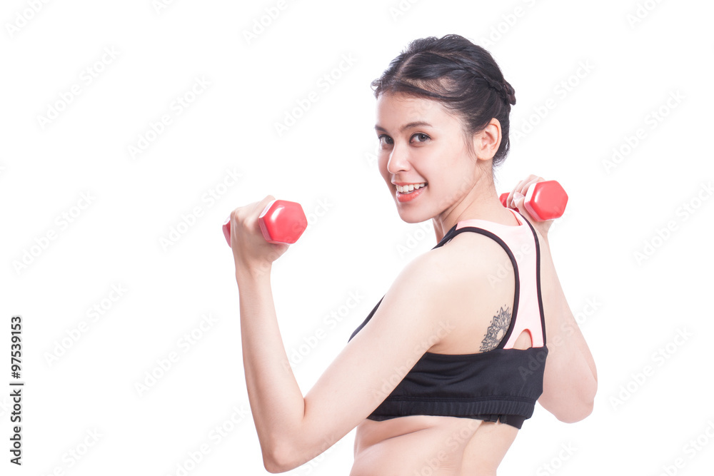 Portrait of sport woman doing exercise with lifting weights Portrait of sport woman doing exercise with lifting weights