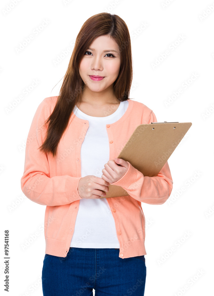 Asian Young Woman hold with clipboard Asian Young Woman hold with clipboard