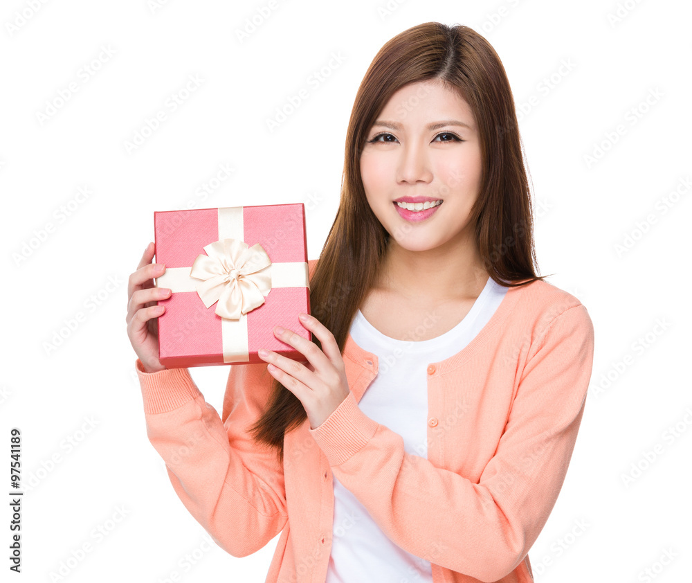 Asian Young Woman hold with present box
