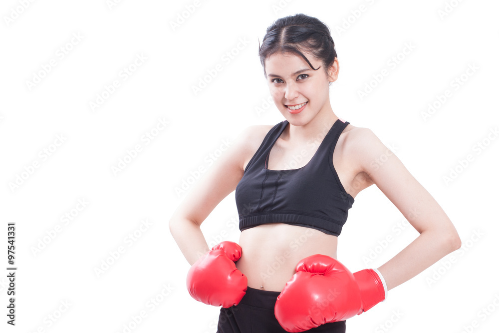 Boxer woman. Boxing fitness woman smiling happy wearing red boxing gloves on white background. Boxer woman. Boxing fitness woman smiling happy wearing red boxing gloves on white background.