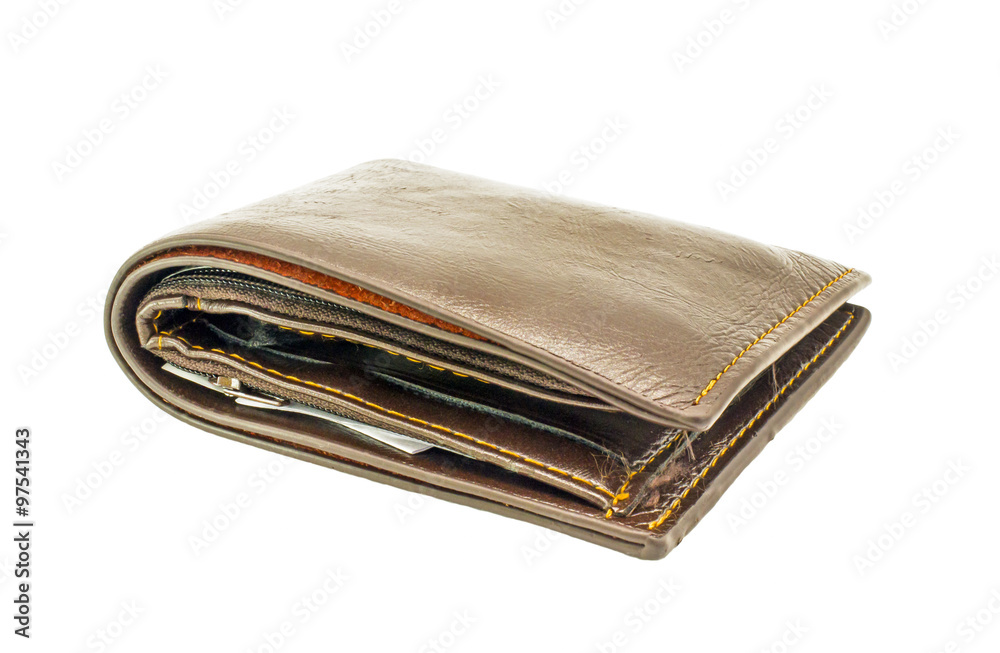 Used leather wallet with money on white background, Isolate image Used leather wallet with money on white background, Isolate image