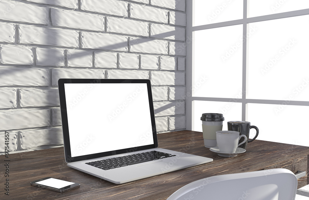 Fototapeta premium 3D illustration laptop and work stuff on table near brick wall, Workspace