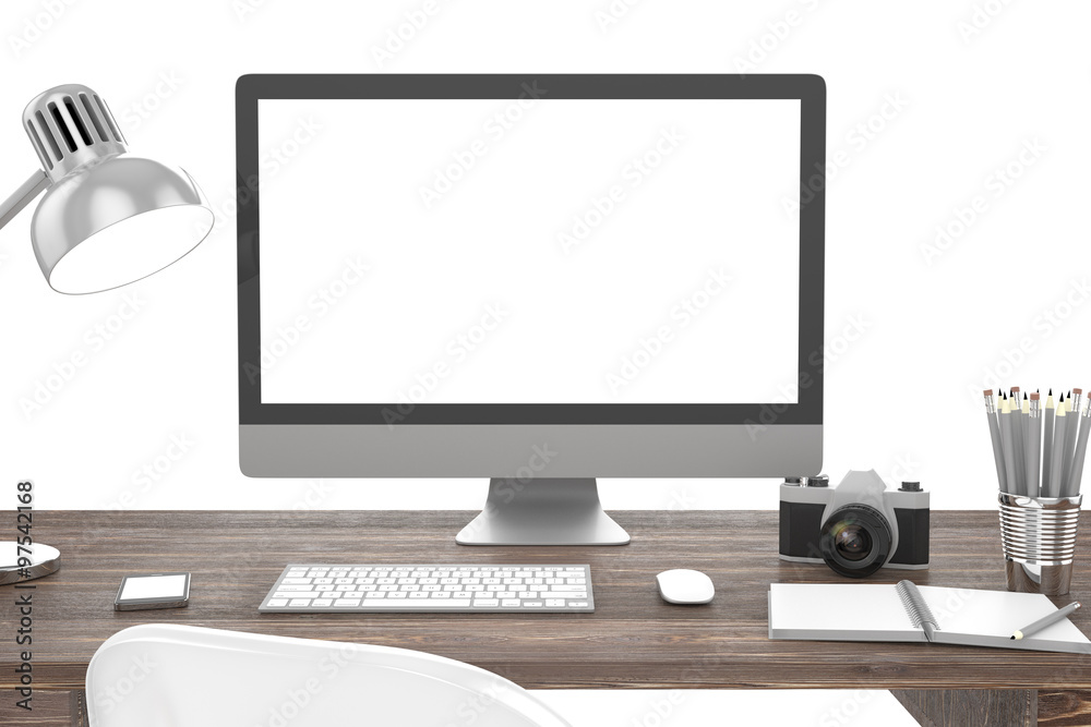 Fototapeta premium 3D illustration PC screen on table in office, Workspace