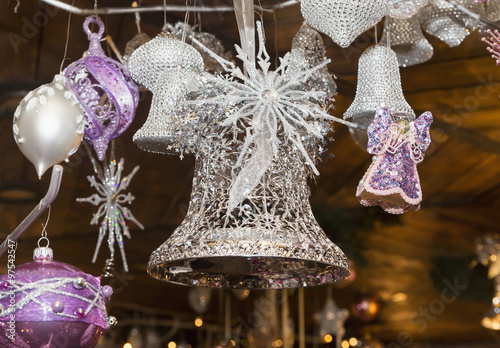 Christmas balls, traditional decorations for xmas tree, silver a photo