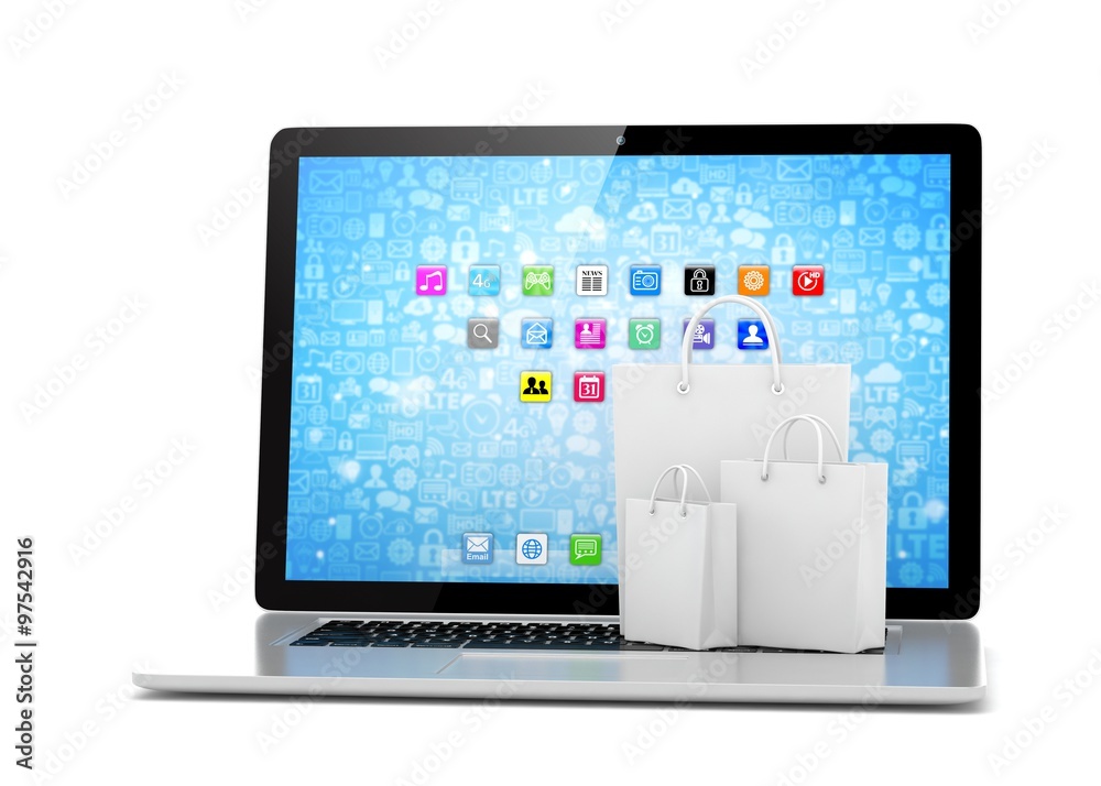 laptop and shopping pags on white background laptop and shopping pags on white background