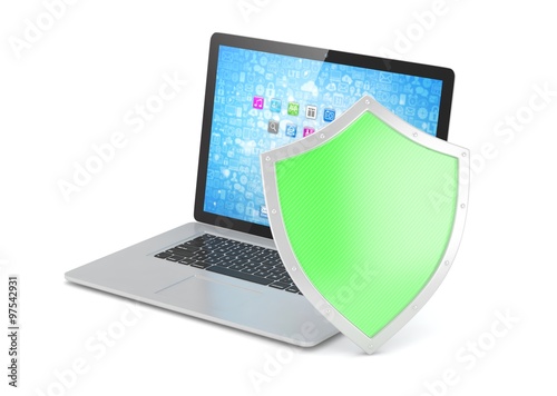 Laptop and shield on white  computer security concept