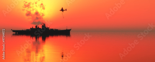 sunset and militaryboat